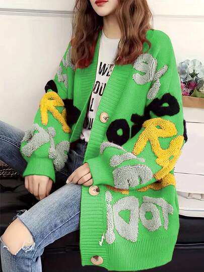 [Customized Development] Autumn/Winter Fashion New Women Knitted Letter Cardigan, Single-Breasted Long Sleeve Sweater