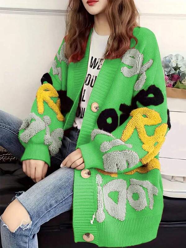 [Customized Development] Autumn/Winter Fashion New Women Knitted Letter Cardigan, Single-Breasted Long Sleeve Sweater