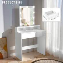 Dressing Table With Led Lights Mirror Adjustable Brightness, Vanity Makeup Table With 2 Drawers - White - View 3