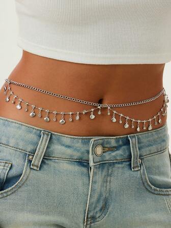 1条波西米亚几何精致链条水钻流苏腰链，简约时尚，适合派对、度假、街头风、女士节日、情侣约会等场合，百搭礼物。