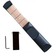 Guitarra de bolsillo portátil de 4 trastes y 4 cuerdas, de material ABS, herramienta de práctica de viaje compacta, incluye una bolsa de almacenamiento y una llave hexagonal, asistente de flexibilidad para principiantes - el regalo perfecto para músicos, negro (1 pieza)