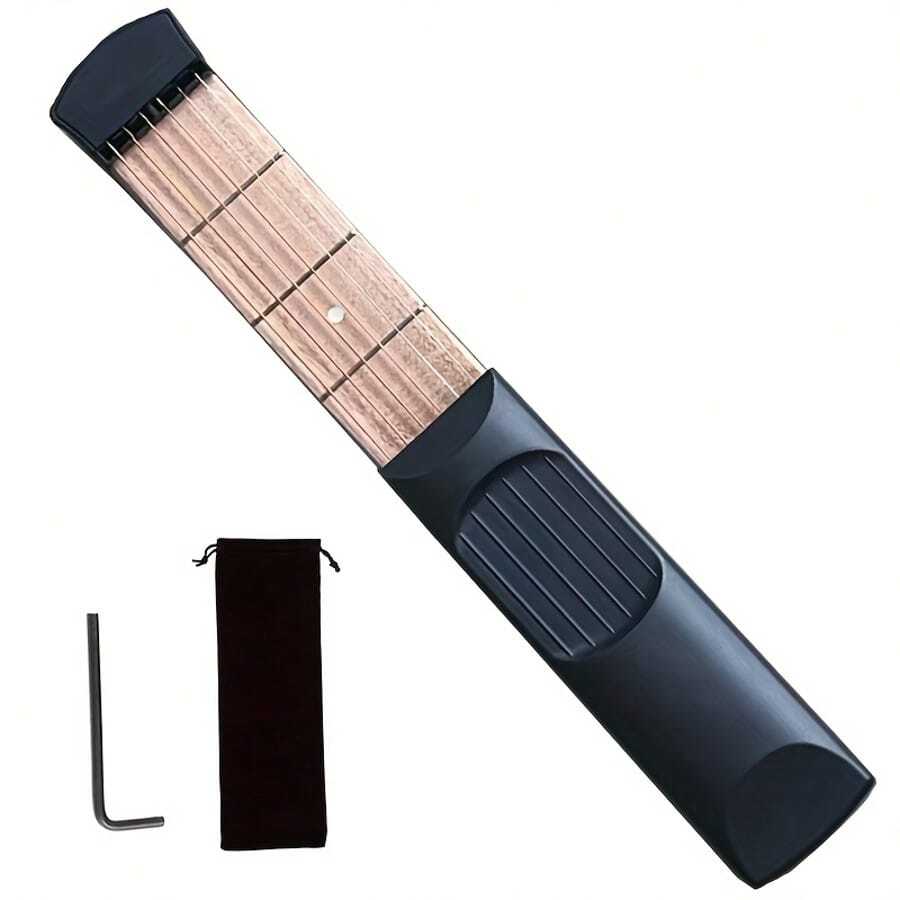 Guitarra de bolsillo portátil de 4 trastes y 4 cuerdas, de material ABS, herramienta de práctica de viaje compacta, incluye una bolsa de almacenamiento y una llave hexagonal, asistente de flexibilidad para principiantes - el regalo perfecto para músicos, negro (1 pieza)