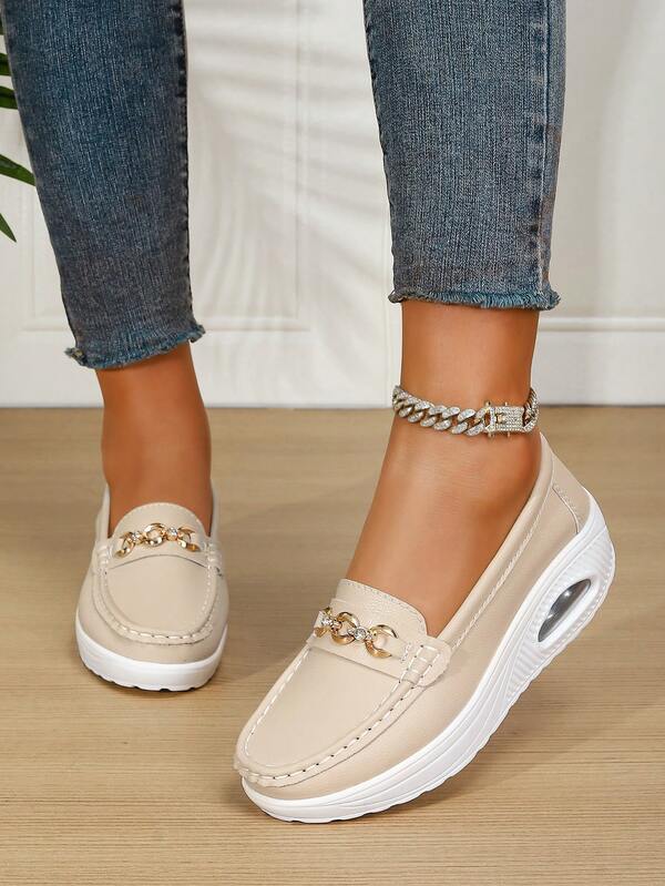Women's Casual Wedges. Platform Loafers With Hand Stitched Upper And Metal Buckle, Sneakers Without Laces. Thick Soles For Height Increase.