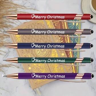 Merry Christmas Engraved Aluminum Ballpoint Pens, Retractable Medium Point 1.0mm, Black Ink, Gift Set Of 5 For Teachers, Colleagues, Friends - Stylus Tip, Durable Body, Ideal For Writing, Journaling & Holiday Gifts