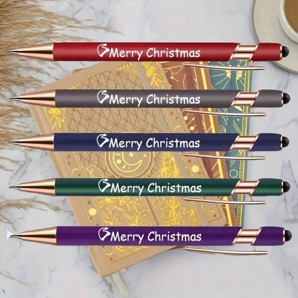Merry Christmas Engraved Aluminum Ballpoint Pens, Retractable Medium Point 1.0mm, Black Ink, Gift Set Of 5 For Teachers, Colleagues, Friends - Stylus Tip, Durable Body, Ideal For Writing, Journaling & Holiday Gifts