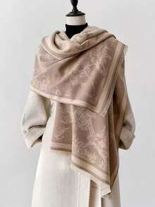 1pc Reversible Faux Cashmere Scarf For Women, Floral Print, Thick Wrap Shawl For Autumn/Winter - Khaki - View 1