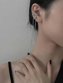1 件简约金属蝴蝶翅膀长链流苏耳夹耳环，女士耳环装饰 - 銀色 - 查看 3