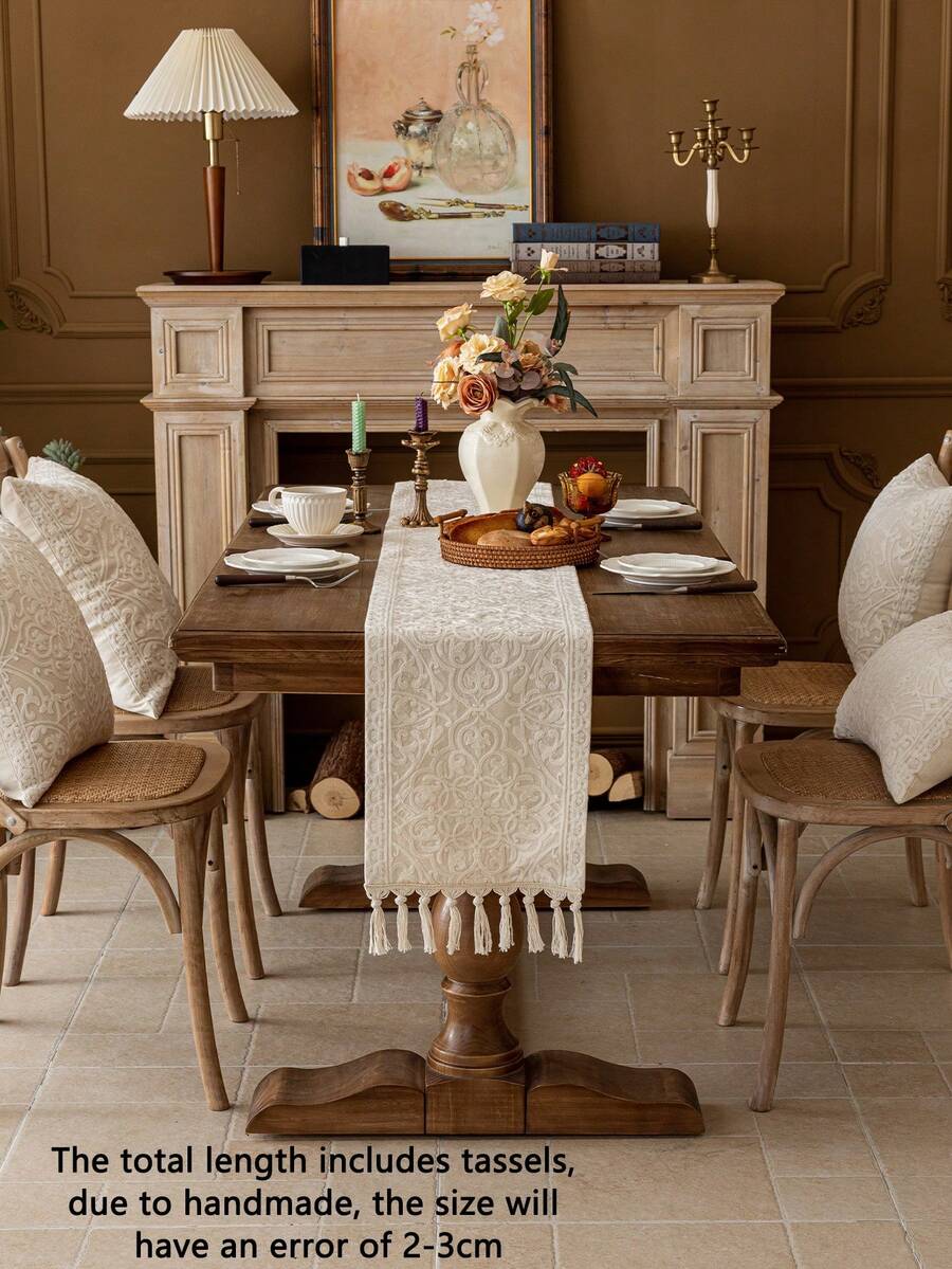 1pc Country Style Embroidered Table Runner With Tassels, Double Layer Design - Perfect For Dining Room Decor, Autumn Decor, Room Decor