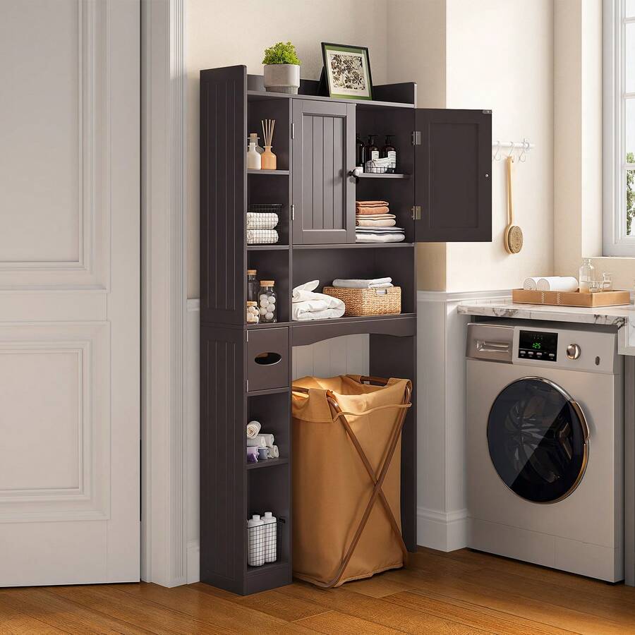 Lofka Over The Toilet Storage Cabinet ,Freestanding Bathroom Storage Organizer Cabinet With Cabinet & Adjustable Shelves, Toilet Paper Holder, Anti-Tip Design, Dark Brown - 棕色 - 查看 1