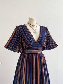 Rusttydustty 女士波西米亚复古条纹V领系腰连衣裙，优雅假日休闲连衣裙 - 彩色 - 查看 6