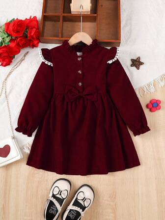 Girls Corduroy Long Sleeve Dress, Suitable For Party And Daily Activities, Fits Ages 4-7