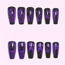 Halloween Best-Seller Ballet-Shape Press On Nails |   Dark Night Purple Glow, Elegant Castle Design, Removable 24-Piece Set