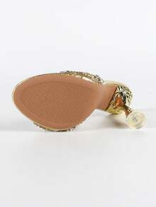 大码女式尖头菠萝形金属高跟鞋,时尚舒适,水钻装饰高跟凉鞋适合日常穿着、购物、派对、婚礼 - 金色 - 查看 9