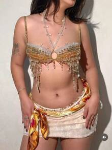 Glossmoon Nuevas Cuentas Coloridas Piedra Preciosa Artesanía Pesada Sexy Chica Caliente Top de Tirantes Chaleco Cadena de Pecho Bikini Club Nocturno Playa Joyería de Bikini - Marrón - Ver 2