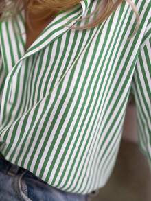 Casual Commute Minimalist Striped Long Sleeve Shirt, Suitable For Valentine's Day, New Year Party, Wedding, Birthday Party Outfit, Winter Women's Wear - Green - View 2