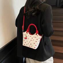 Cherry Print Tote Bag For Women, Fashionable Shoulder Sling Bag, Large Capacity Commuter Handbag With Free Cherry Keychain - Đỏ - Xem 6