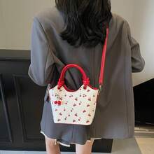 Cherry Print Tote Bag For Women, Fashionable Shoulder Sling Bag, Large Capacity Commuter Handbag With Free Cherry Keychain - Đỏ - Xem 4