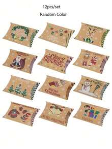 12pcs Christmas Pillow Gift Boxes With Santa, Snowman & Elk Prints For Candy, Small Presents, Holiday Party Favors, Stocking Stuffers, Table Decor, Secret Santa Exchange, Office Gift Wrapping, Winter Wedding, Birthday, And Home Decor