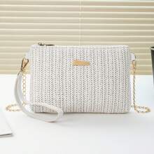 New Chain Straw Clutch Bag, Large Capacity Zipper Phone Pouch, Unique Woven Women Handbag - White - View 3