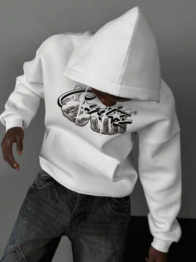 Sudadera con capucha casual de manga larga con cordón y estampado de letras para hombre