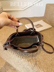 Casual Colorblock Textured Versatile Commute Vintage Canvas Strap Buckle Women's Small Square Handbag - Coffee - View 7