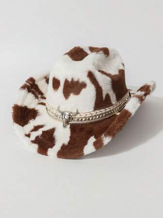 1 件男女通用仿皮牛印花蓬松帽，秋冬仿皮草时尚新款简约百搭西部牛仔帽，适合日常穿着、派对、西部主题活动、聚会、角色扮演、毕业典礼、化妆舞会、节日、生日庆典、音乐会（牛头带可拆卸）