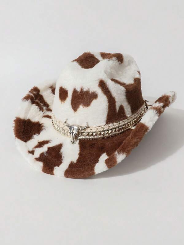 1 buc Pălărie pufoasă unisex din piele ecologică cu imprimeu de vacă, blană ecologică de toamnă/iarnă, la modă, nouă, simplă și versatilă, pălărie de cowboy western, potrivită pentru purtare zilnică, petreceri, evenimente cu tematică western, întâlniri, cosplay, ceremonii de absolvire, baluri mascate, festivaluri, sărbători de zile de naștere, concerte (curea detașabilă cu cap de vacă)