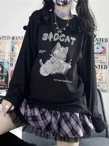 Kaos Wanita Kasual Longgar Motif Kartun Huruf Leher Bulat Lengan Panjang, Modis & Serbaguna, Musim Semi/Gugur - Hitam - View 4