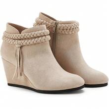 Womens Wedge Ankle Boots Braided Fringe Strap Western Heeled Fall Booties Dress Shoes - 2-Xám đậm (giả da lộn) - Xem 6