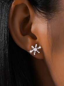 1 par de pendientes de botón con circonita cúbica con diseño de copo de nieve elegante para adolescentes, para fiesta de Navidad, joyería de regalo para niñas el Día de Navidad - 1# - Ver 7