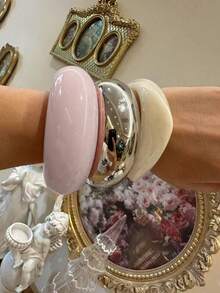 Set de 3 piezas de brazaletes de resina exagerados, combinación geométrica vintage única en dorado, beige y rosa claro