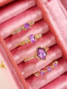 4pcs/Set Fashionable Exquisite Luxury High-End Unique Design Versatile Purple Rhinestone Gold Alloy Rings, Suitable As Gifts For Girlfriend, Wedding, Engagement - Multicolor - View 5
