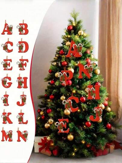 1件圣诞树装饰品，绿色松枝红色蝴蝶结设计，26个字母悬挂装饰，家居悬挂标牌，圣诞节活动，时尚精致，返校季礼物，圣诞节家庭聚会必备装饰品，圣诞树装饰品，圣诞悬挂装饰，圣诞树装饰，家居装饰，圣诞装饰，房间装饰，冬季