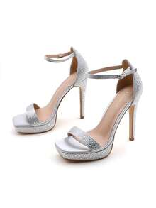 lunryet Women's Sparkly Rhinestone Platform High Heel Sandals - Open Toe Stiletto Heel Dress Shoes For Party Wedding Club Night NIA-1 - 銀色 - 查看 8