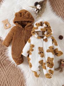 2pcs Baby Boys Cute Fleece Solid Bear Pattern Long Sleeve Hooded Jumpsuit Set, Winter