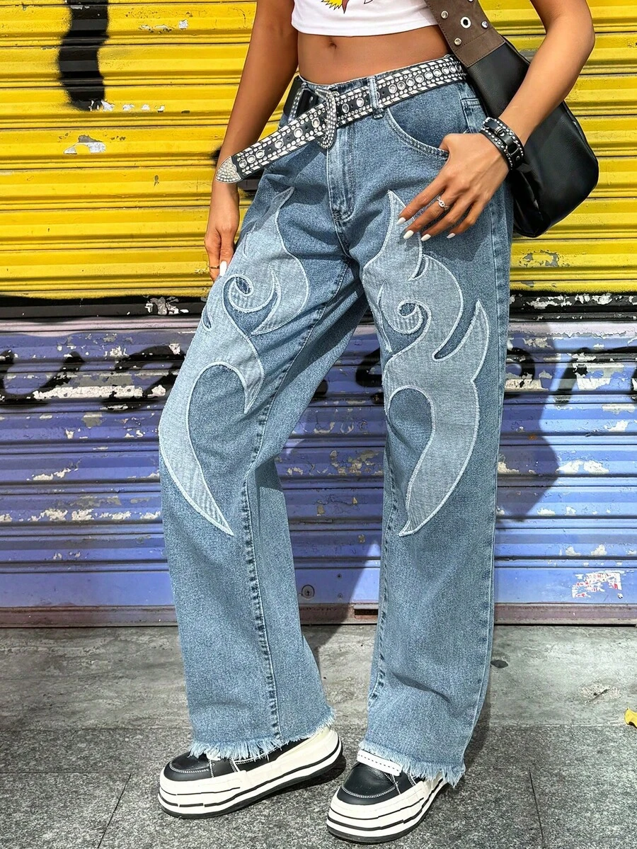 Pantalones rectos de mezclilla con cintura semielástica, parches y bordados, de estilo casual para mujer