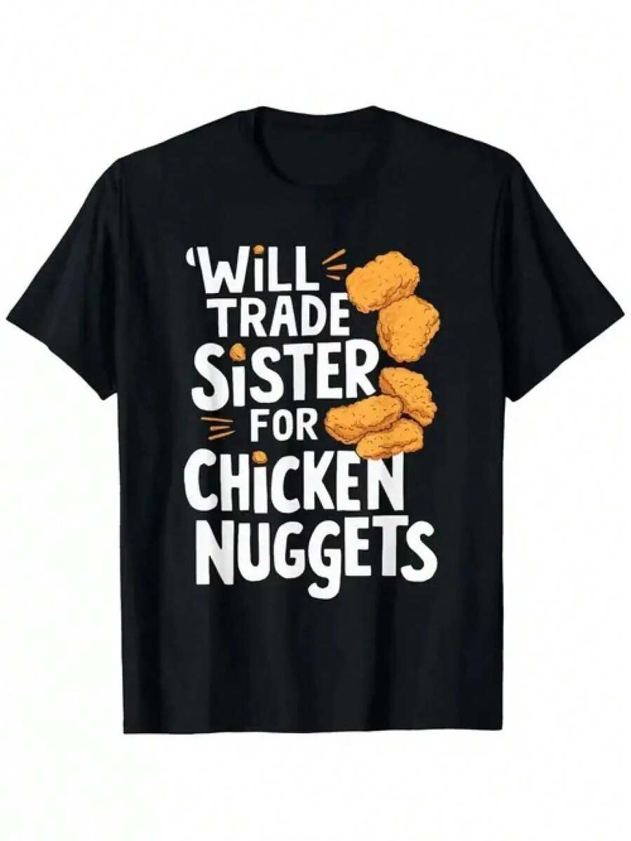 Funny Chicken Nuggets Saying Boys Funny Foodie Graphic T-Shirt - "Will Trade Sister For Chicken Nuggets" Funny Birthday Party Outfit, Soft Breathable Round Neck Tee For Kids, Casual Casual Attire For Chicken Nugget Lovers - Machine Washable Black Shirt With White Text & Chicken Nuggets Print - Summer Comfortable Boys' Apparel - màu đen - Xem 1
