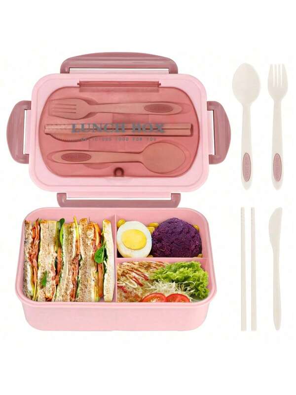 1 Piece Of Color Solid Portable Plastic Square Divided Lunch Box With Cutlery And Lid, Square Microwave Bento Box, Leak-Proof Food Container, Washing Solution, Back To School, Classes, University, Students, Study Supplies, Office Workers, Kitchen Storage And Organization, Kitchen Accessories.