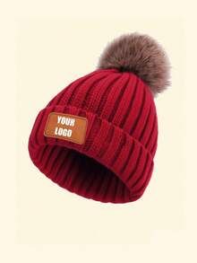 Personalized Kids Knitted Beanie Hat With Single Pom Pom, Multi-Color Options, Leather Label For Engraving, Suitable For Older Children, Winter Outings, Family Gatherings, Etc.