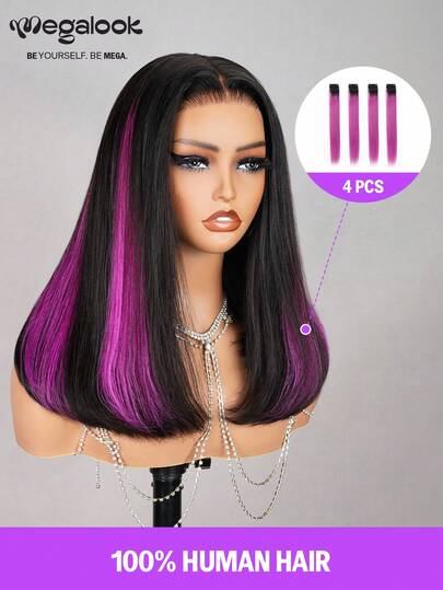 MEGALOOK 4 件紫色直发 100% 真人发夹式接发 12/16 英寸 15A 双拉发夹式彩色发夹式彩色真人发饰 4 件 Y2K 街头风格万圣节氛围僵尸新娘派对风格角色扮演装扮时尚派对校园学校节日圣诞狂欢节音乐节新年礼物，适合女性儿童女孩