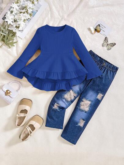 Conjunto de 2 peças de blusa casual confortável com manga flare canelada + calça estampada desgastada para meninas, outono/inverno