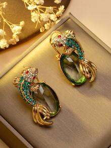 Women's Earrings, Goldfish Shaped Colorful Crystal & Emerald Luxury Earrings, Suitable For Banquet And Party Occasions