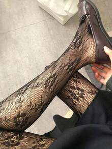 1pc Women Floral Pattern Fishnet Stockings, Sexy Streetwear Fashion Versatile Pantyhose - màu đen - Xem 3