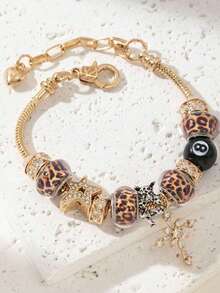 1pc Floral, Cross, Angel, Golden Leopard Print, 8mm Bead, Adjustable Bracelet, Suitable For Christmas, Valentine's Day, Gift For Friends