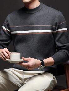 Men's Autumn/Winter Round Neck Striped Sweater, Stand Collar Business Casual Knit Pullover, Comfortable For Party, Home Wear, Long Sleeve Top - Grey - View 2
