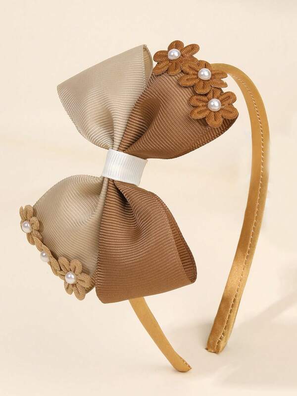 1 Stück brauner Haarreif mit Schleife für Mädchen, Stoff Blume & Perlen Dekor Haarband, modische Haraccessoires als Herbstgeschenk für Kleinkinder