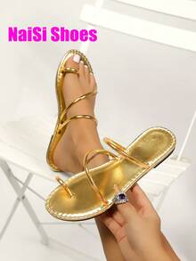 Women Flat Slip-On Gold Flat Sandals, Open Toe Slip-On Roman Sandals, Casual Elastic Band Indoor/Outdoor Beach Slippers, Gold/Silver/Black, Suitable For All Seasons - Gold - View 2
