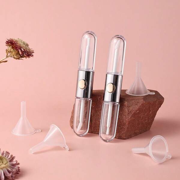 2 قطعة أنبوب شفاف مزدوج الطرف سعة 3مل+3مل بشكل بيضاوي مسطح فارغ لبلسم الشفاه مع 4 قمع - طقم سفر قابل لإعادة التعبئة ومانع للتسرب للأحمر الشفاه والبلسم والظلال المزدوجة DIY للمكياج