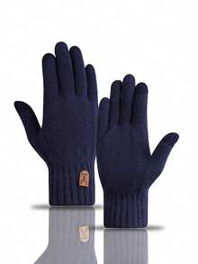 1 Pair Men's Black Thickened Touchscreen Gloves With Thermal Lining, Warm Full Finger Knitted Gloves For Cold Weather, Casual Minimalist Style Suitable For Party, Dining, Driving And Daily Use Snow Gloves