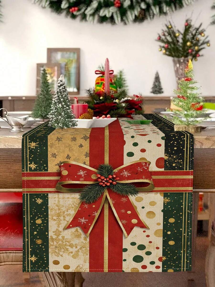 1 pieza Camino de mesa con lazo navideño, Camino de mesa decorativo navideño, Camino de mesa tipo lino navideño, Camino de mesa, Camino de mesa, 1 pieza Camino de mesa, 4 piezas Individuales, 1 pieza Funda de cojín (Relleno no incluido), 3 productos disponibles, Decoración del hogar de temporada para interiores y exteriores, Suministros para fiestas de Navidad, Decoración navideña para el hogar, Decoración navideña para la habitación, Decoraciones para fiestas de Navidad - Multicolor - Ver 1